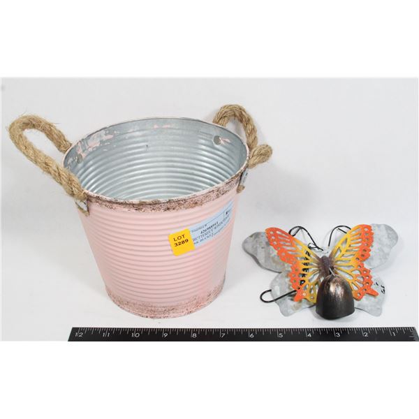 LOT OF BUTTERFLY WINDCHIME WITH PINK BUCKET