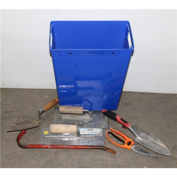 BIN OF MISCELLANEOUS CONSTRUCTION TOOLS INCLUDING