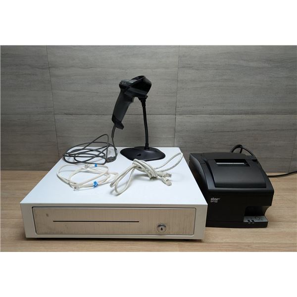Clover D100E Cash Drawer, Zebra DS2208 Hand Scanner & Star Printer