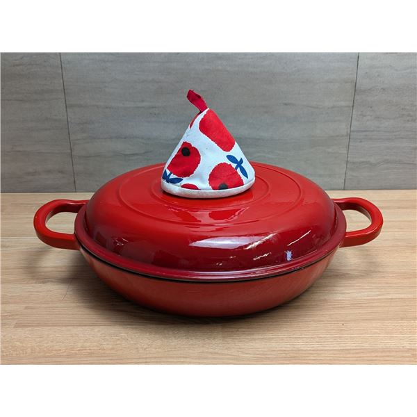 Overmont 12" Dia Enameled Cast Iron Dutch Oven, Shallow Braising Pan w/Trivet | Pan17/Ft2