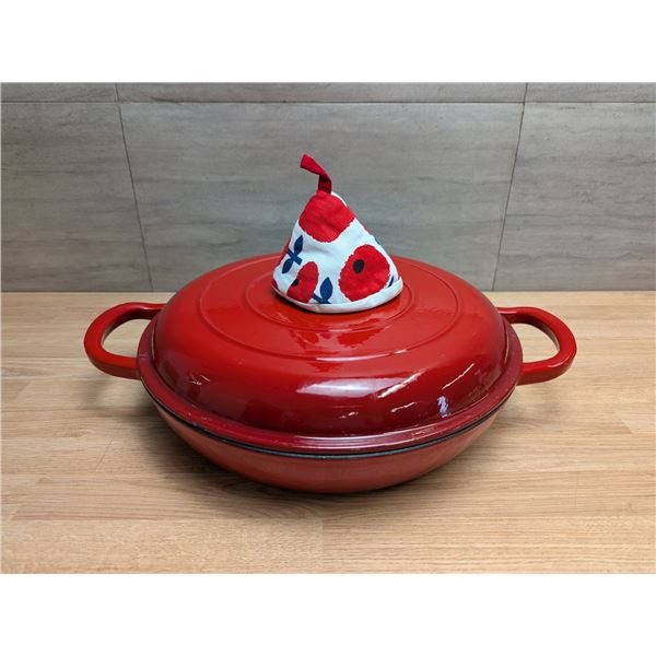 Overmont 12" Dia Enameled Cast Iron Dutch Oven, Shallow Braising Pan w/Trivet | Pan18/Ft2