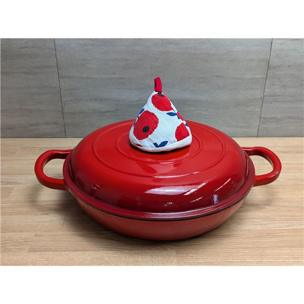 Overmont 12" Dia Enameled Cast Iron Dutch Oven, Shallow Braising Pan w/Trivet | Pan20/Ft2