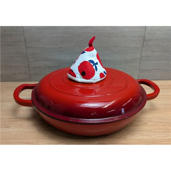 Overmont 12" Dia Enameled Cast Iron Dutch Oven, Shallow Braising Pan w/Trivet | Pan21/Ft2