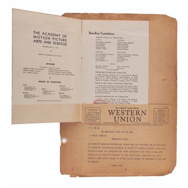 A 1930 Academy of Motion Pictures Annual Report and Ralph Hammeras Telegram.