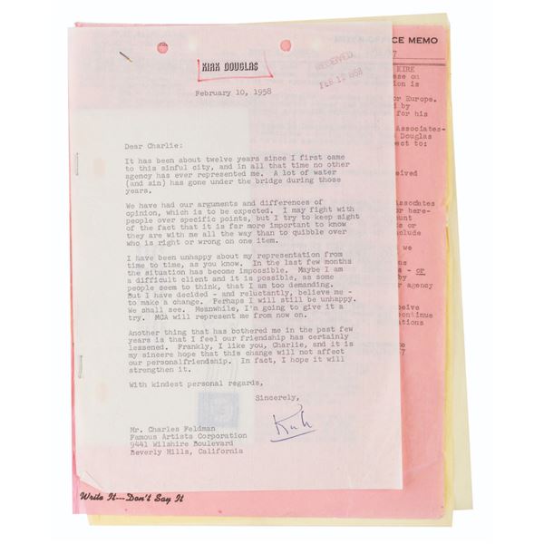 A Kirk Douglas Signed Letter to Agent Charles Feldman.