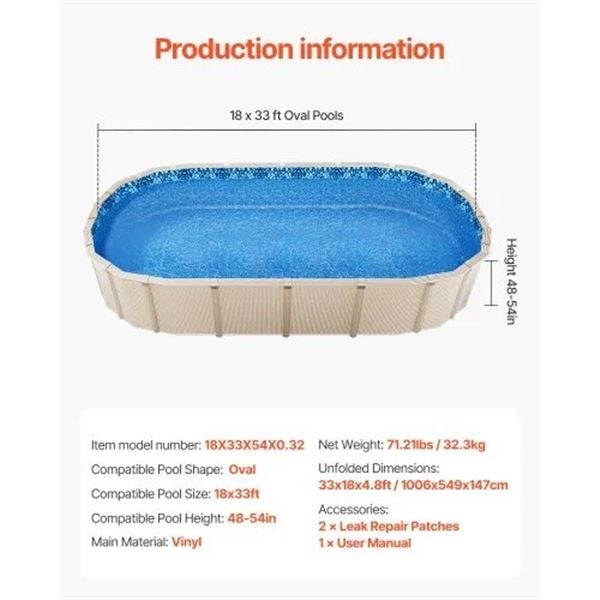 Customer Return – Premium Vinyl 18×33 FT Oval Above-Ground Pool Liner for 48–54-In