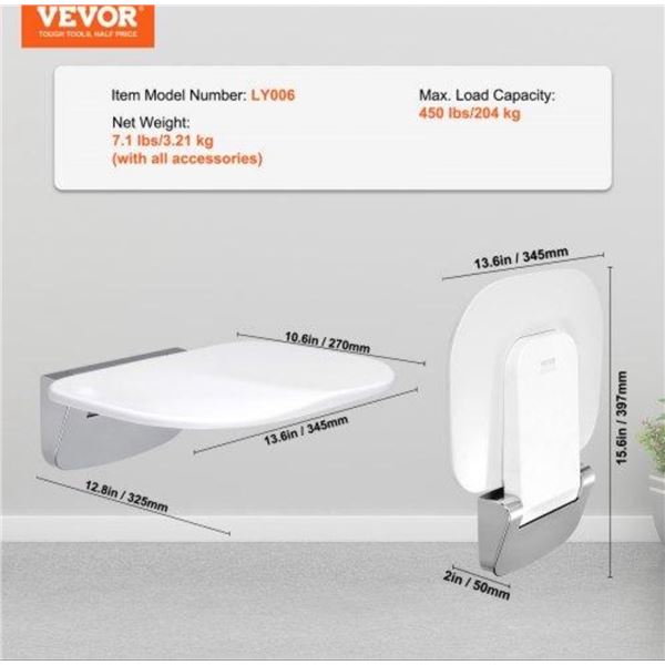 Brand New VEVOR LY006 Fold-Down Shower Seat – Wall-Mounted, 450 lb Capacity