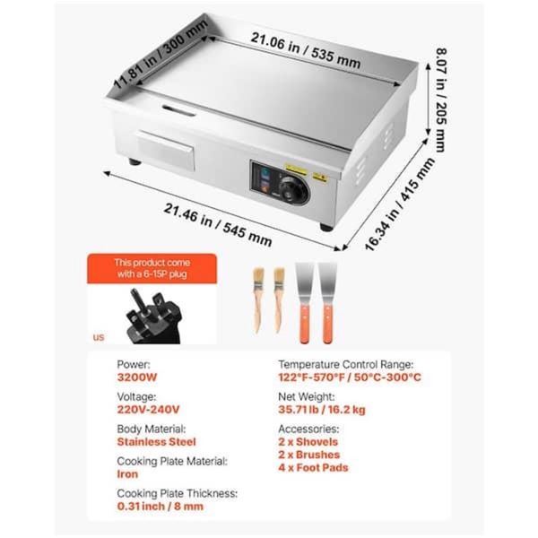Brand New 21” Commercial Electric Griddle – 3200W, 220–240V