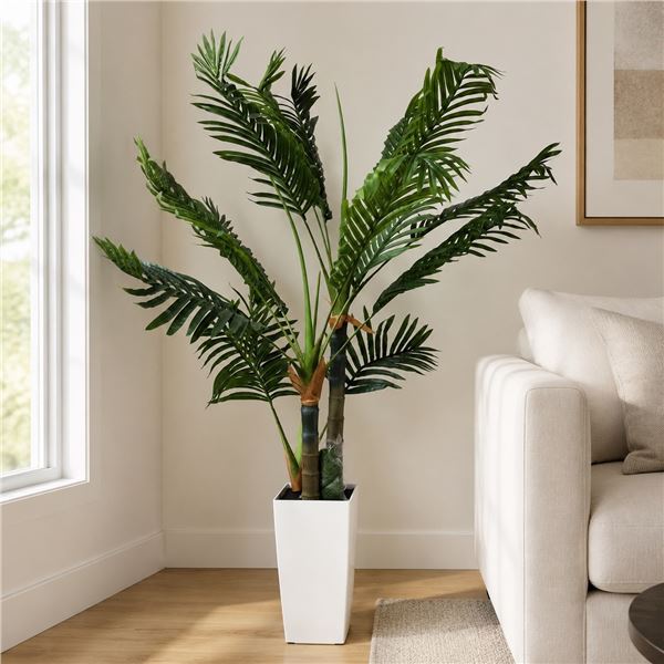 Brand New 5FT Triple-Trunk Artificial Palm Tree with Tall White Planter