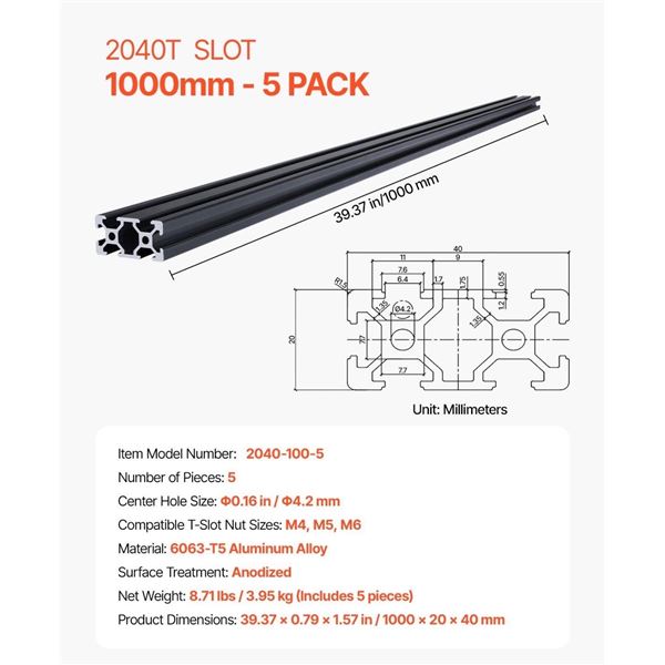 Brand New 2040 Aluminum Extrusion Rails – 1000mm, 5-Pack