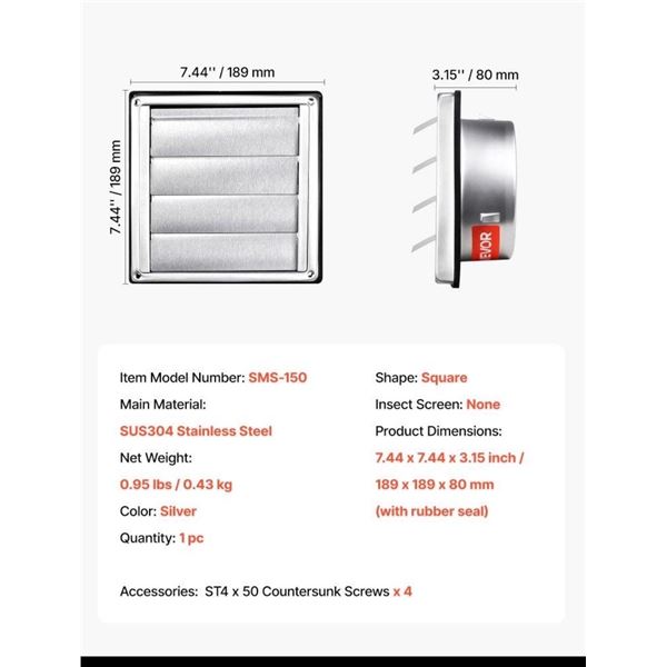 Brand New 6-Inch Stainless Steel Louvered Wall Vent Cover