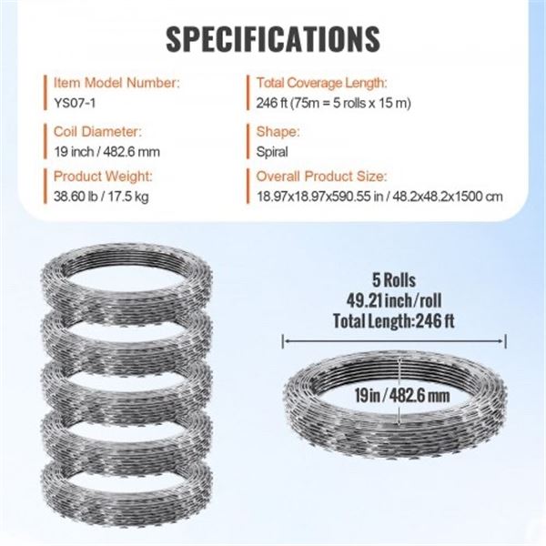 Brand New 246FT Galvanized Razor Wire Fence – 5 Rolls