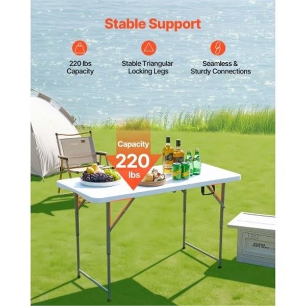 Brand New. Heavy-duty 4-foot folding utility table featuring a durable waterproof HDPE top and sturd