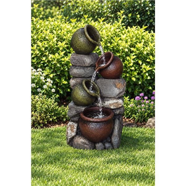 Brand New SeaSunStar 4-Tier Cascading Pots & Rock Outdoor Water Fountain