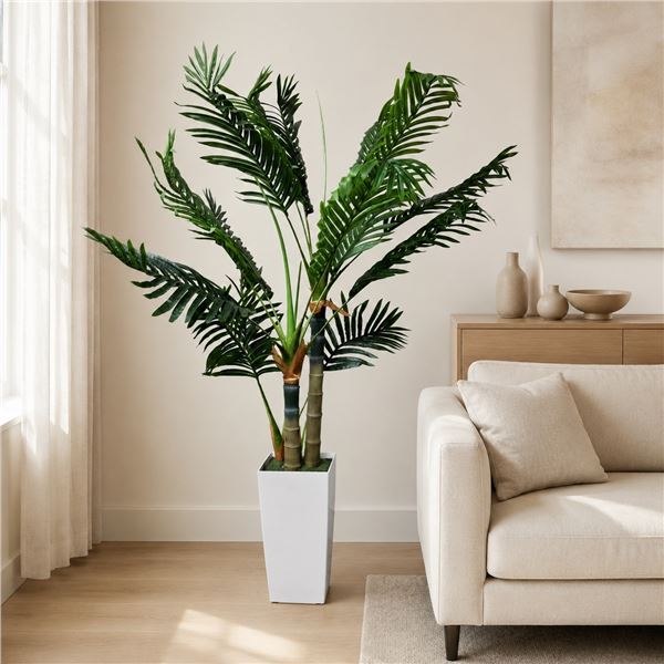 Brand New 5FT Triple-Trunk Artificial Palm Tree with Tall White Planter