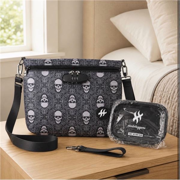 HerbHuggers Smell Proof Bag with Skull Pattern and Combination Lock
