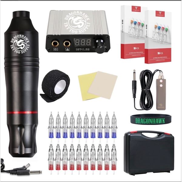 Brand new Dragonhawk tattoo kit with rotary tattoo machine, power supply, foot pedal, cables, 20 ste