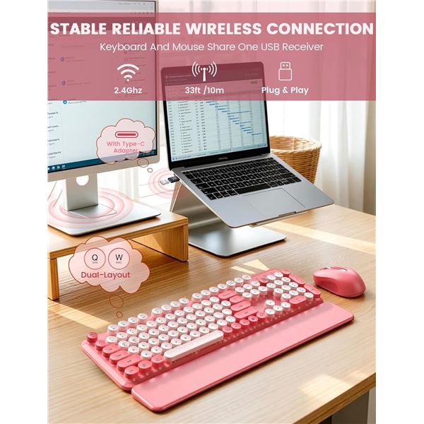 Brand New Sablute Hot Pink Wireless Keyboard & Mouse Combo with Magnetic Wrist Rest