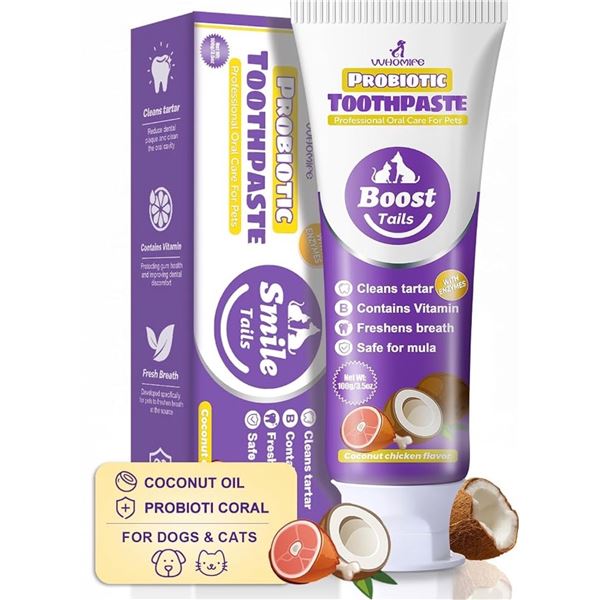 Brand New 2-Pack Probiotic Pet Toothpaste for Dogs & Cats - Coconut Chicken Flavor (100g Each)