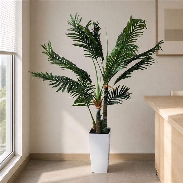 Brand New 5FT Triple-Trunk Artificial Palm Tree with Tall White Planter