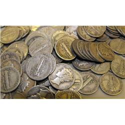 Lot of 50 Mercury Dimes- Various Dates-Circulated