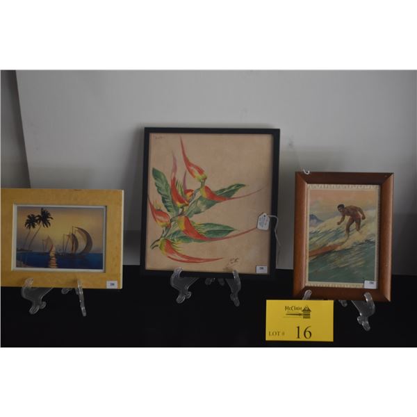 FRAMED BARTLETT NOTE CARD, HELICONIA PAINTING BY J. PAILLE & HAWAIIAN SURFER PRINT (3 PCS) (DOES NOT