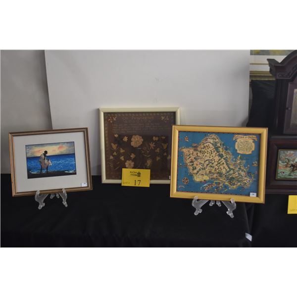 FRAMED ART PRINT, HAWAIIAN FISHERMAN, FRAMED ANTIQUE NEEDLEWORK SAMPLER & FRAMED VINTAGE "ISLAND OF