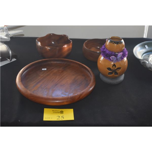 2 KOA WOOD BOWLS, ROSEWOOD BOWL & CERAMIC IPU CANDLE HOLDER (4 PCS)