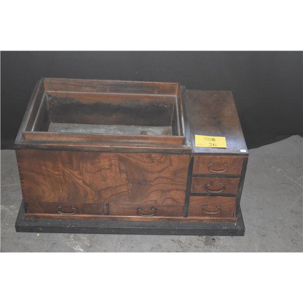 ANTIQUE JAPANESE NAGA HIBACHI W/COPPER LINER & SMALL STORAGE DRAWERS