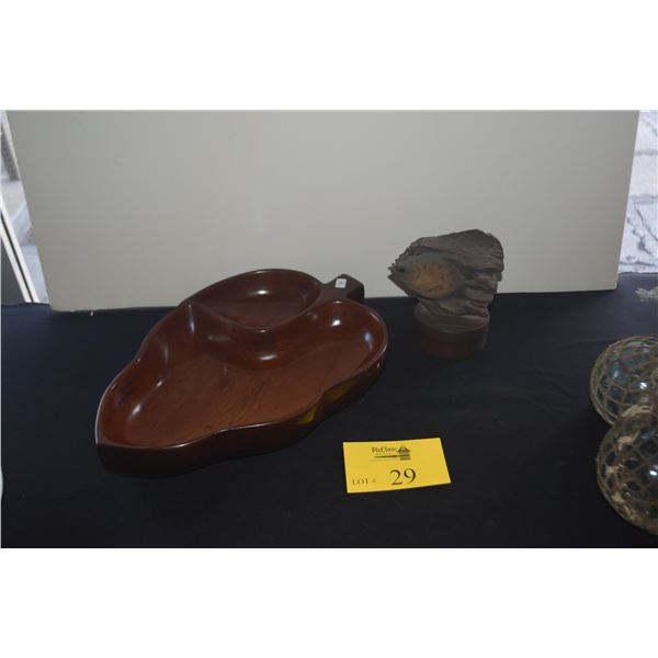 LEAF SHAPED WOOD BOWL & FISH SCULPTURE (2 PCS)