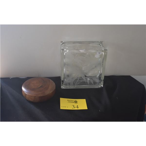 MILO WOOD COVERED BOX & ETCHED GLASS BLOCK W/BAMBOO MOTIF (2 PCS)