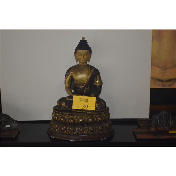 TIBET GILT BRONZE SITTING BUDDHA ON LOTUS W/STAND (18 1/2")