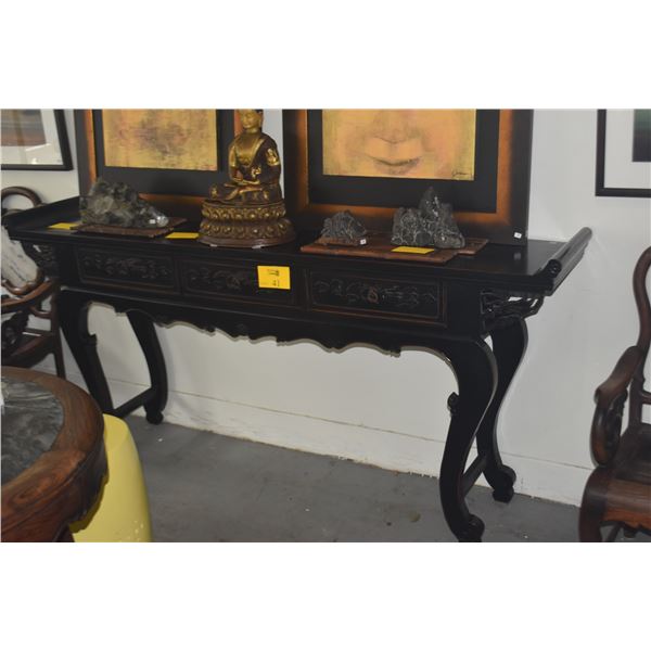 CHINESE BLACK LACQUERED ALTER STAND W/3 DRAWERS & CABRIOLE LEGS (70" X 15 1/2" X 36")