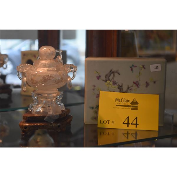 CHINESE REVERSE PAINTED TRIPOD CENSER ON STAND & VINTAGE CHINESE PORCELAIN PILLOW (2 PCS)