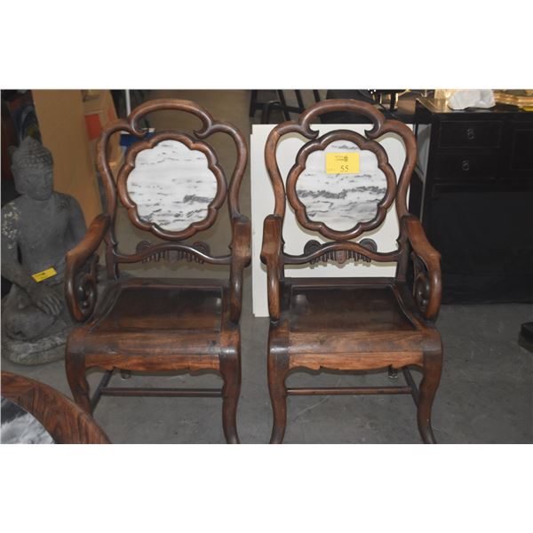 PAIR ANTIQUE CHINESE CARVED BLACKWOOD ARMCHAIRS W/ORNATE SCALLOPED BACKREST W/AN INSET WHITE MARBLE
