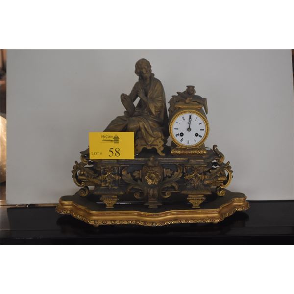 ANTIQUE FRENCH PENDULE FIGURAL MANTLE CLOCK IN GILT ON BASE (20" X 16 1/2")