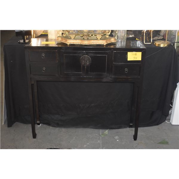 CHINESE ELMWOOD BLACK LACQUER CONSOLE TABLE W/4 DRAWERS & CENTER CABINET (38 1/2" X 9 3/4" X 35 1/2"