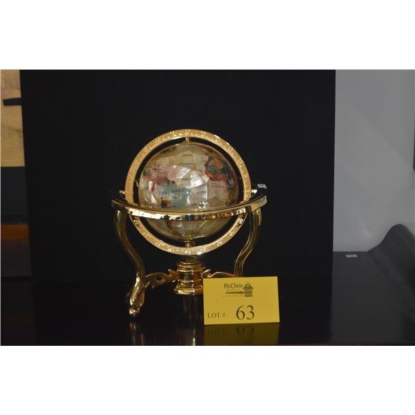 DECORATIVE GEMSTONE WORLD GLOBE W/MOTHER OF PEARL OCEAN & INLAID SEMI-PRECIOUS STONE COUNTRIES ON ST