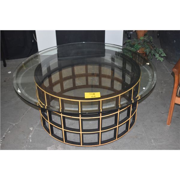 48" ROUND COFFEE TABLE W/BLACK & GOLD GRID CYLINDRICAL BASE & BEVELED GLASS TOP