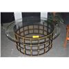 Image 1 : 48" ROUND COFFEE TABLE W/BLACK & GOLD GRID CYLINDRICAL BASE & BEVELED GLASS TOP