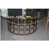 Image 2 : 48" ROUND COFFEE TABLE W/BLACK & GOLD GRID CYLINDRICAL BASE & BEVELED GLASS TOP