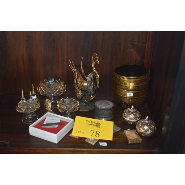 COLLECTION OF THAI COLLECTIBLES: LACQUER BOWLS, PORCELAIN BOXES, BUDDHA, ETC. (22 PCS)