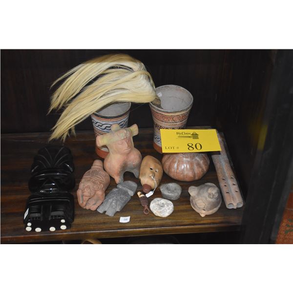 MIX COLLECTION OF SOUTH AMERICAN COLLECTIBLES: POTTERY, WHISTLES, FLUTE, FIGURINES, ETC. (14 PCS)
