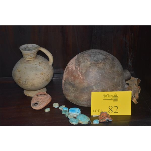 MIX LOT OF MIDDLE EAST COLLECTIBLES: POTTERY, LAMP, & SCRABS (14 PCS)