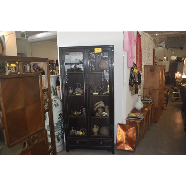 ASIAN STYLE BLACK LACQUER DISPLAY CABINET W/DOUBLE GLASS DOORS & 2 SMALL DRAWERS W/BRASS HARDWARE (3
