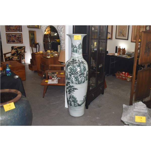 56 3/4" LARGE HAND-PAINTED CHINESE PORCELAIN VASE W/GREEN & WHITE LANDSCAPE MOTIF