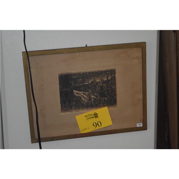 FRAMED ORIGINAL 1954 WOODCUT PRINT TITLED "EVENTIDE" BY ISAMI DOI (15 1/4" X 11 1/2")