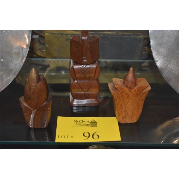 VINTAGE PERFUME BOTTLES: HARDERS KOA BLOSSOM, JOHN OYA MILO WOOD TIKI GOD (NO VILE) & FLORAL BOTTLE