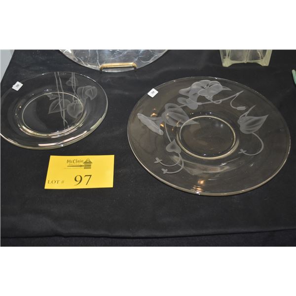 ETCHED GLASS PLATES (1 SIGNED DOROTHY THORPE) (8 1/4" & 11") (2 PCS)
