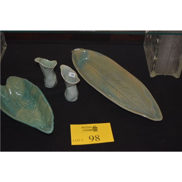 GINGER LEAF TRAY, TARO LEAF BOWL & LILLY VASES BY HAWAIIAN POTTERS GUILD (4 PCS)